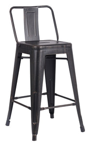 24" Matte Black Distressed Metal Barstool with Back In A Set of 2