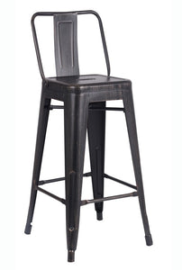 30" Black Distressed Metal Barstool with Back In A Set of 2