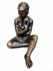 Polyresin Man With Baby Sculpture, Copper