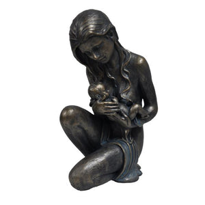 Sitting Women Holding Child Statue Sculpture in Patina Black Finish