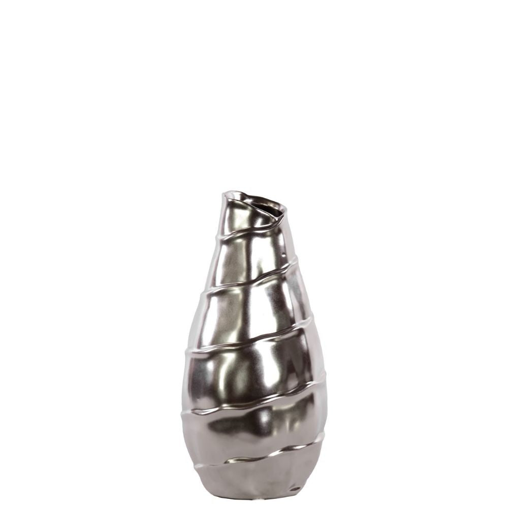 Small Ceramic Tall Vase With Embossed Spiral Design Chrome Silver