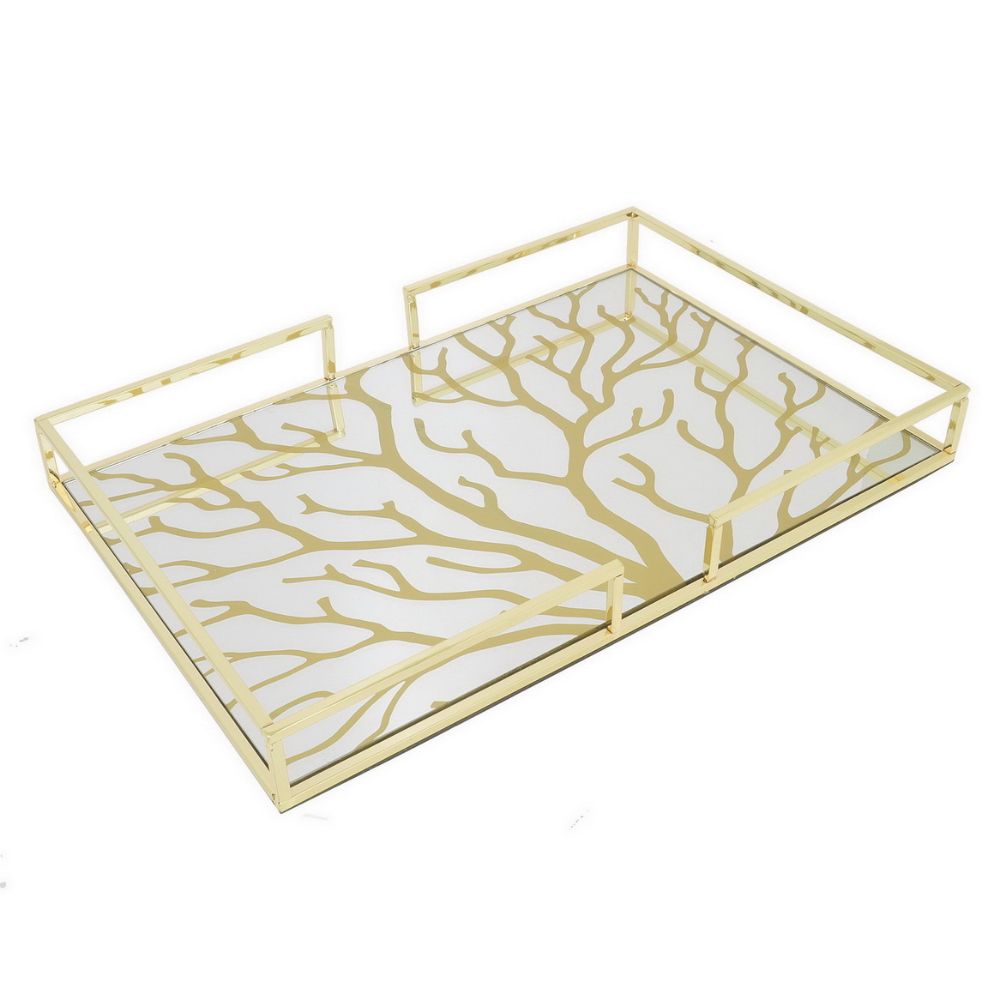 17.75" Golden Metal Tray With Designs