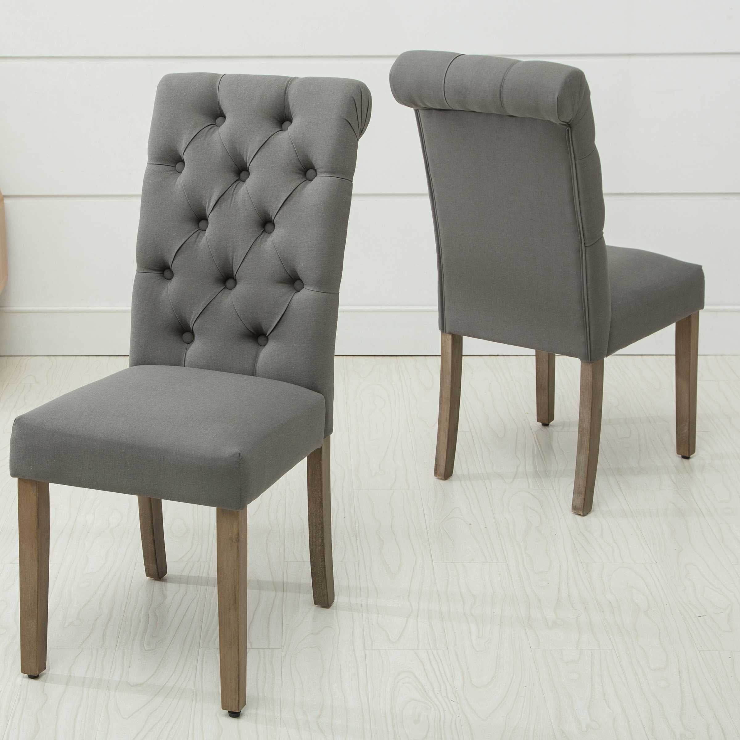 Gray Roll Top Tufted Linen Fabric Modern Dining Chair in a Set of 2