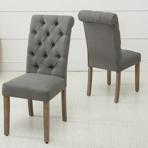 Gray Roll Top Tufted Linen Fabric Modern Dining Chair in a Set of 2