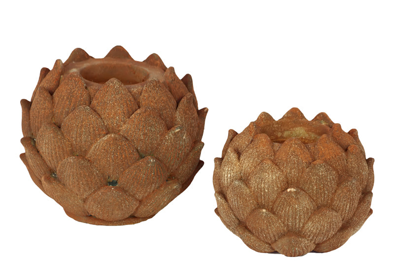 Beautiful Artichoke Replica Stone Ware Candle Holder Set Of Two In Rust Brown