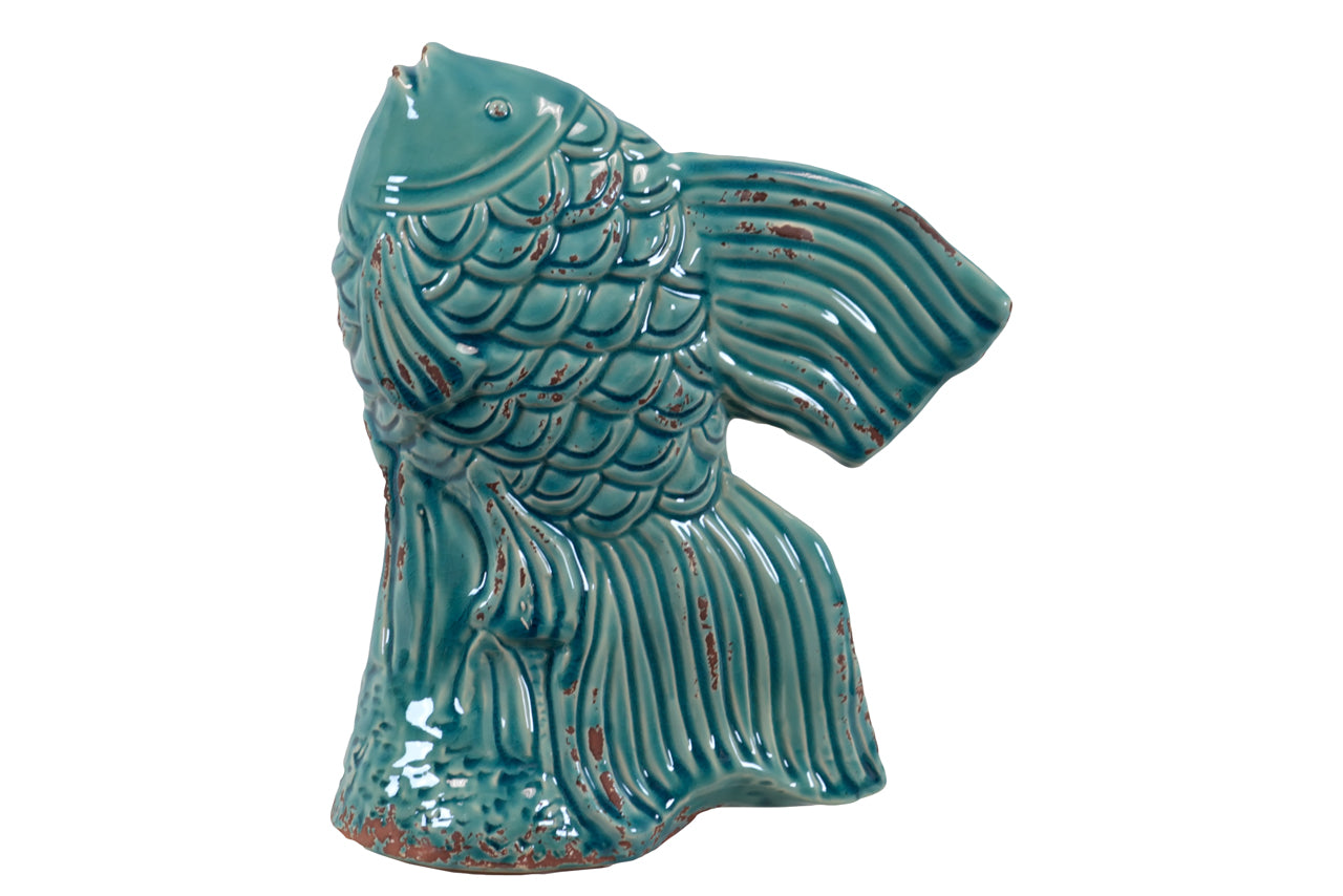 Ceramic Swimming Fish W/ Intricate CarvingS & Etchin'S Blue