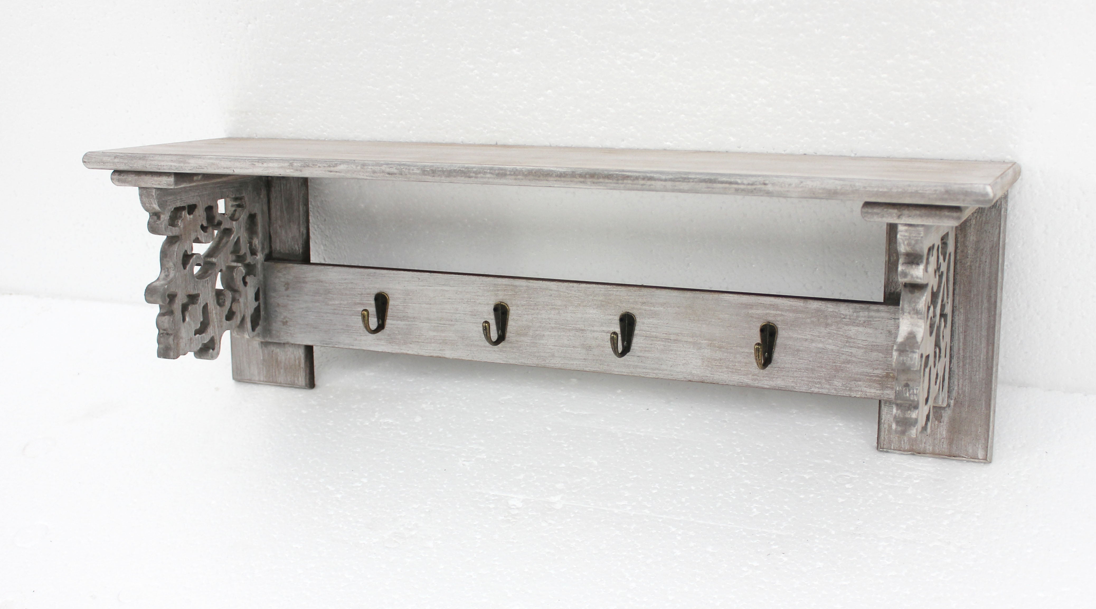 8" x 30" x 9.75" Gray, Vintage, Weathered Wooden, 4 Metal Hooks - Wall Shelf