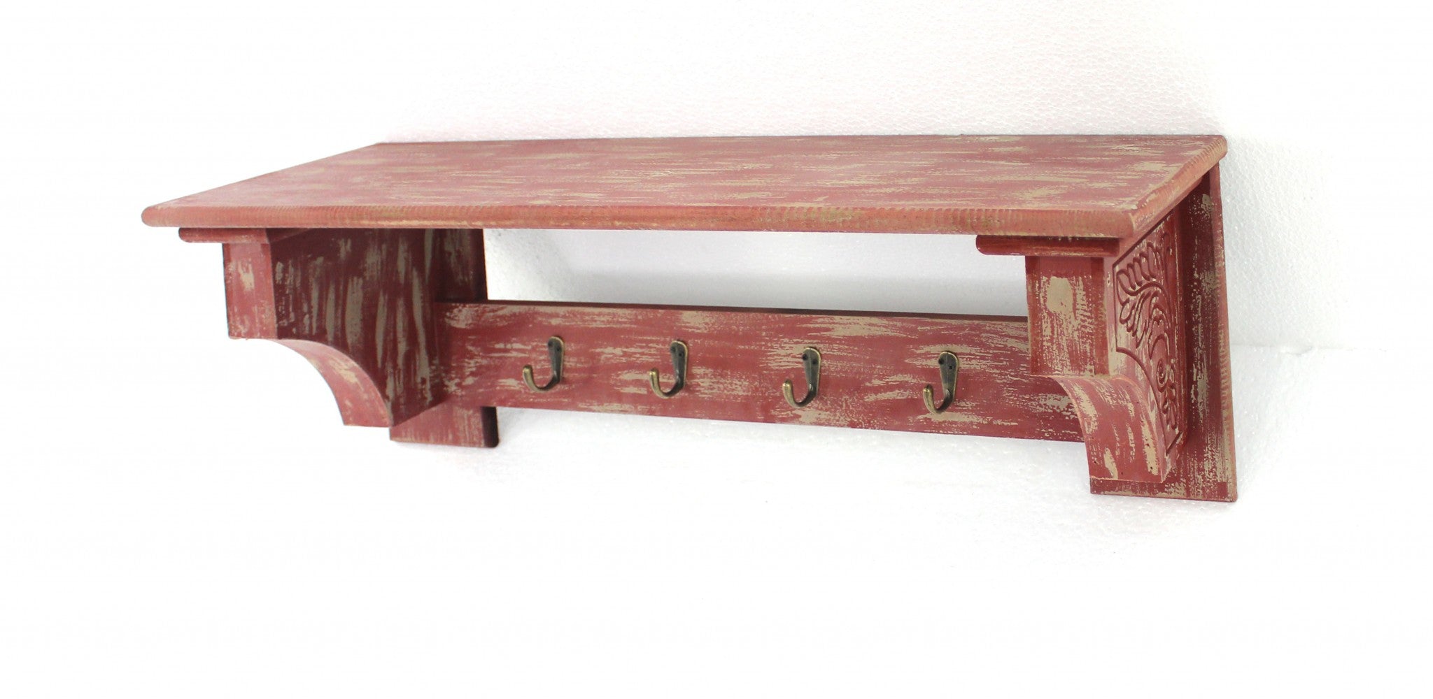 8" x 30" x 9.75" Red, Vintage Wooden, 4 Metal Hooks - Wall Shelf