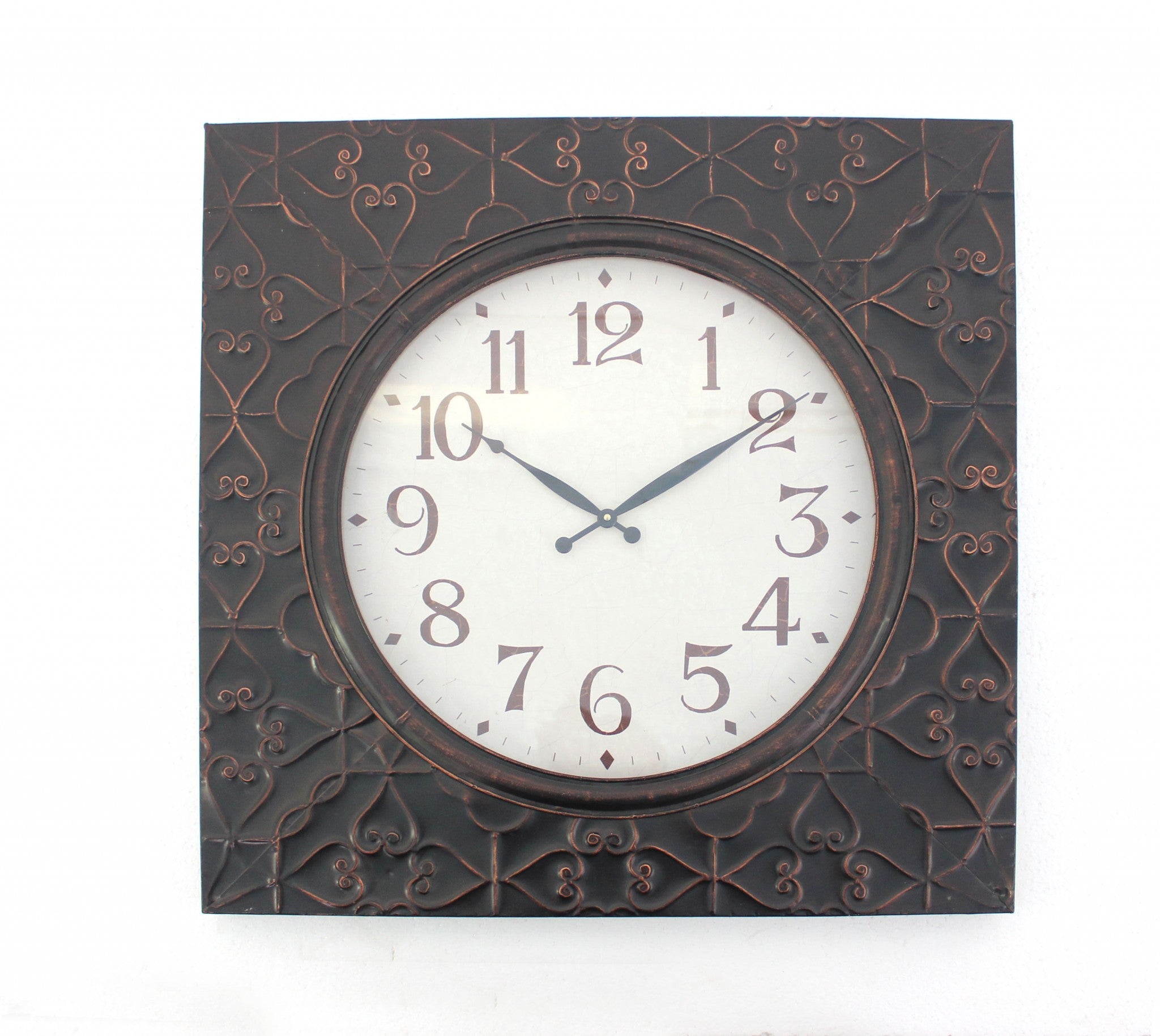 28" x 28" x 2" Brown, Vintage, Square, Brass Metal - Wall Clock