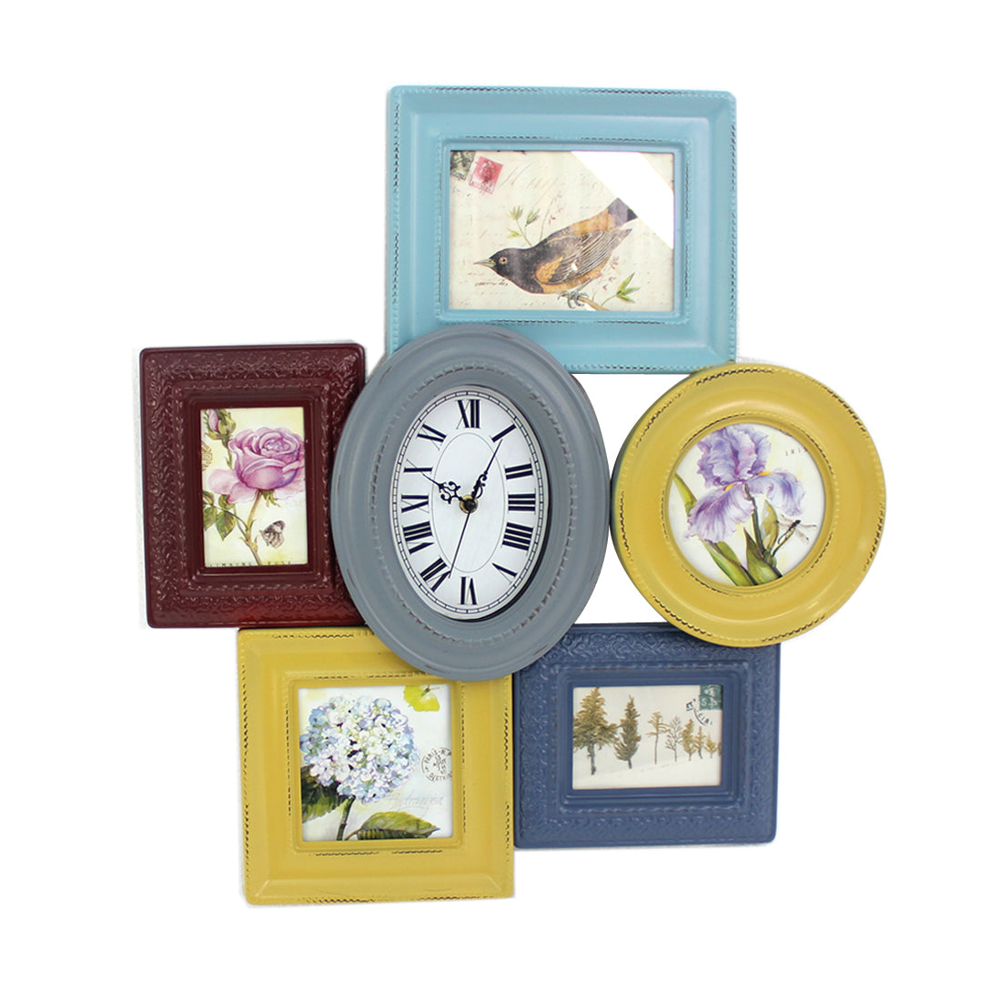 1.77" x 21.65" x 23.43" Multi-Color, Vintage Wood, Photo Frame & Clock - Wall Decor