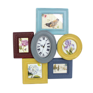 1.77" x 21.65" x 23.43" Multi-Color, Vintage Wood, Photo Frame & Clock - Wall Decor