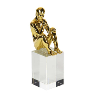 Glistening Gold Poystone Thinker Figurine Sculpture