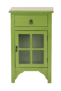 Green Wood Clear Glass Accent Cabinet with a Drawer, a Door and Paned Inserts