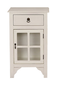 30" Antique White Wood Clear Glass Accent Cabinet with a Drawer and a Door