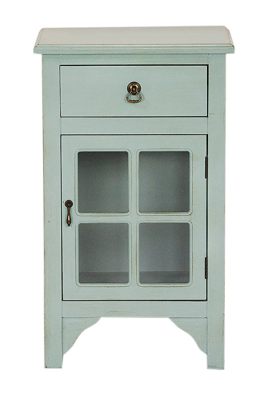 30" Aqua Wood Clear Glass Accent Cabinet with a Drawer, a Door and Paned Inserts