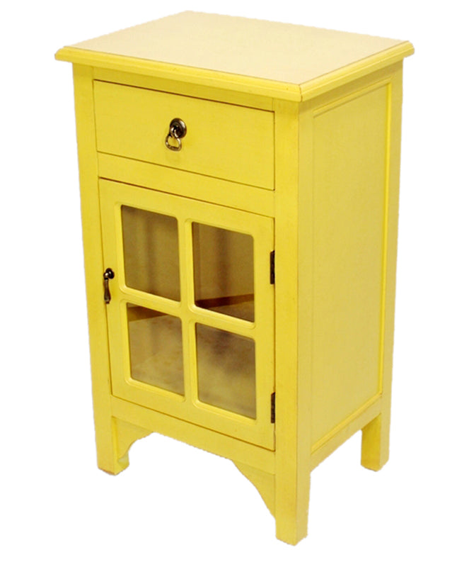 Yellow Wood Clear Glass Accent Cabinet with a Drawer, a Door and Paned Inserts