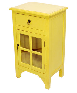 Yellow Wood Clear Glass Accent Cabinet with a Drawer, a Door and Paned Inserts