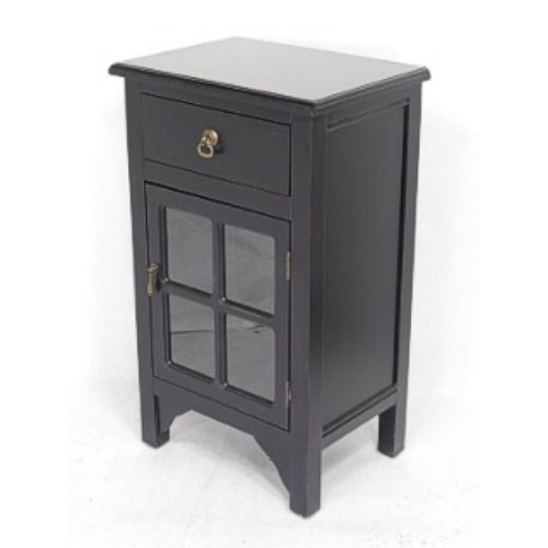 30"Black Wood Clear Glass Accent Cabinet with a Drawer, a Door and Paned Inserts