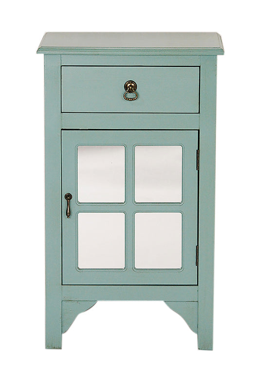 Aqua Wood Mirrored Glass Accent Cabinet with a Drawer, a Door and Paned Inserts