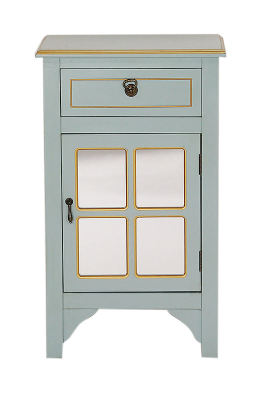 30" Light Blue Wood Mirrored Glass Accent Cabinet with a Drawer and a Gold Door