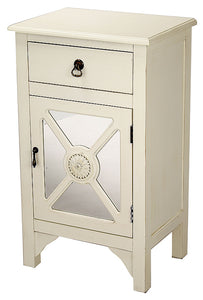 30" Antique White Wood Mirrored Glass Accent Cabinet with a Drawer and a Door