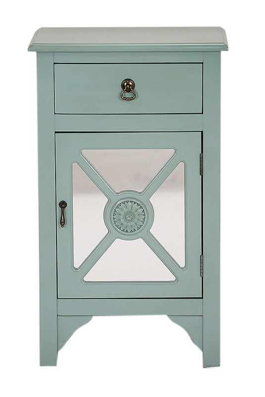 30" Turquoise Wood Mirrored Glass Accent Cabinet with a Drawer and a Door