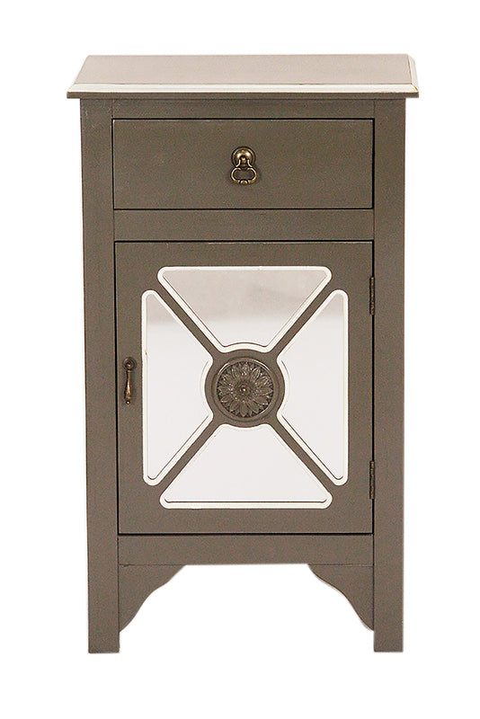 Gray Wood Mirrored Glass Accent Cabinet with a Drawer, a Door & Trellis Inserts