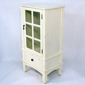 36" Antique White Wood Clear Glass Accent Cabinet with a Door and a Drawer