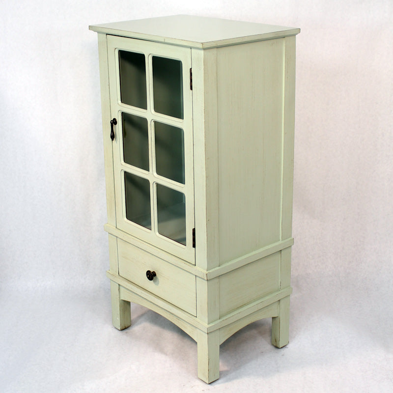 Light Sage Wood Clear Glass Accent Cabinet with a Door, a Drawer & Paned Inserts