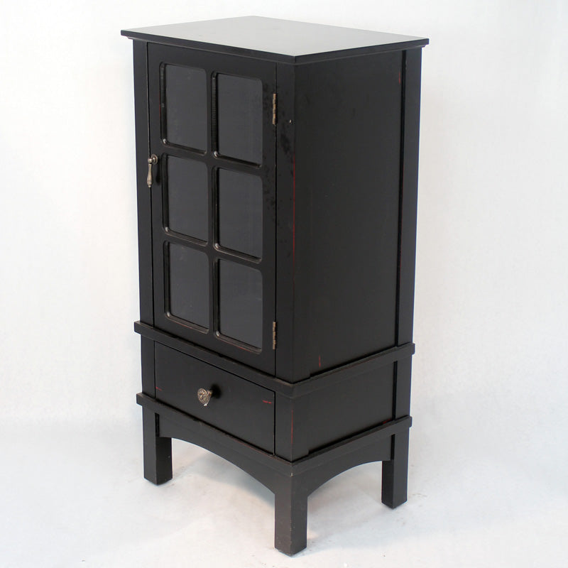 Black Wood Clear Glass Accent Cabinet with a Door, a Drawer and Paned Inserts