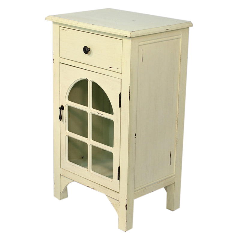 Antique White Wood Clear Glass Accent Cabinet with a Drawer and Front Arch Door