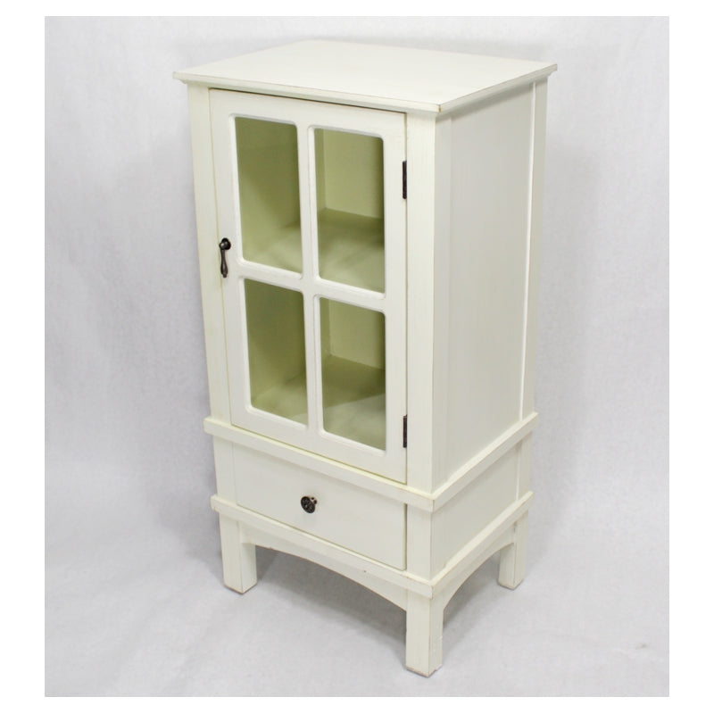 36" Antique White Wood Clear Glass Accent Cabinet with a Door and a Drawer