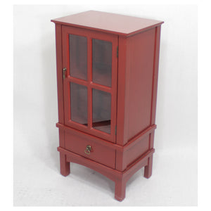 18" x 13" x 36" Red MDF Wood Single Paned Glass Door Wood Storage Organizer with Drawer