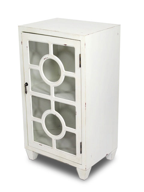 Antique White Wood Clear Glass Accent Cabinet with a Door and Lattice Inserts