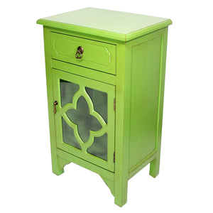 Green Wood Clear Glass Accent Cabinet with a Drawer, a Door & Quatrefoil Inserts