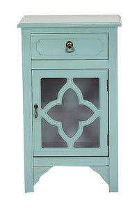 Turquoise Wood Clear Glass Accent Cabinet with a Drawer, a Door & Mirror Inserts