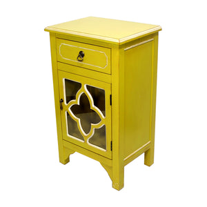 Yellow Wood Clear Glass Accent Cabinet with a Drawer, a Door and Mirror Inserts