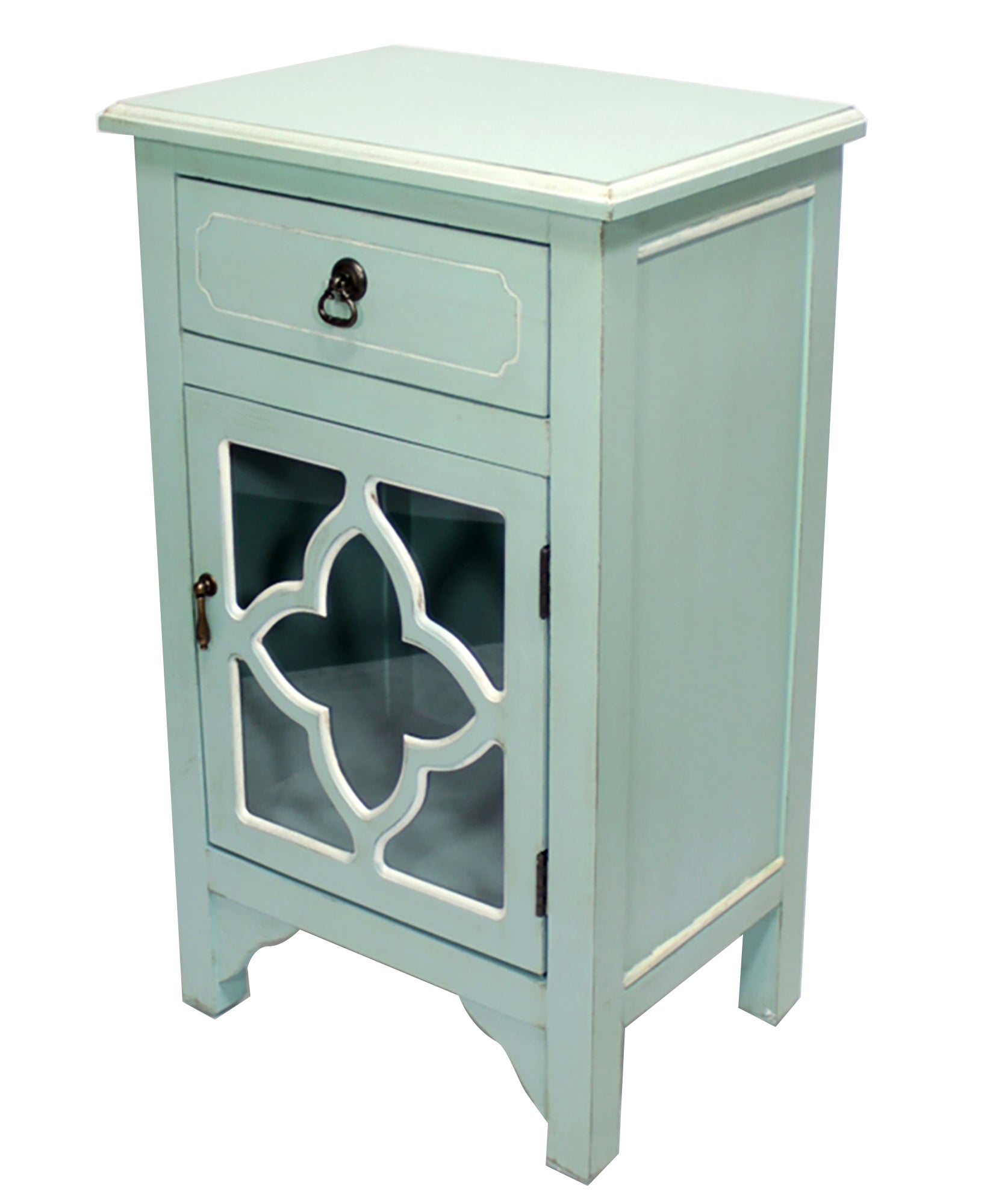 30" Light Blue Wood Clear Glass Accent Cabinet with a Drawer and a Door