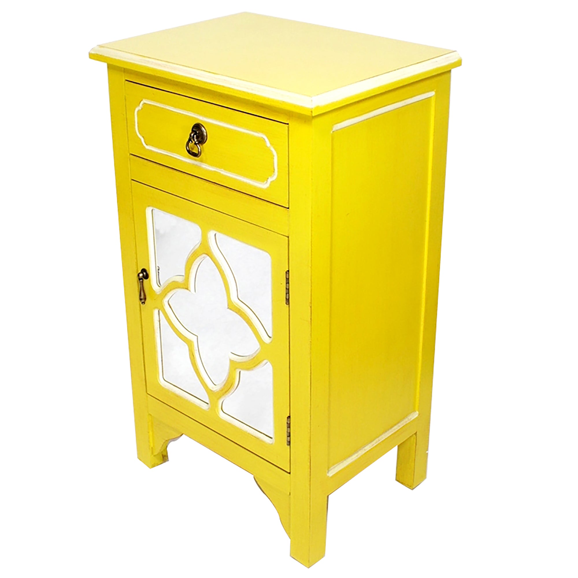 30" Yellow Wood Mirrored Glass Accent Cabinet with a Drawer and a Door