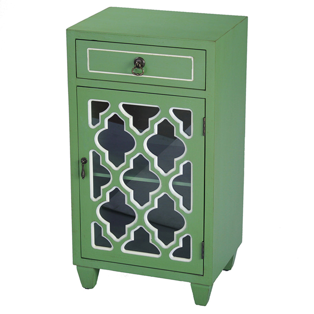 Green Wood Clear Glass Accent Cabinet with a Drawer, a Door & Arabesque Inserts