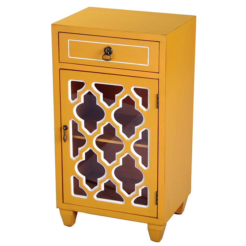 Orange Wood Clear Glass Accent Cabinet with a Drawer, a Door & Arabesque Inserts