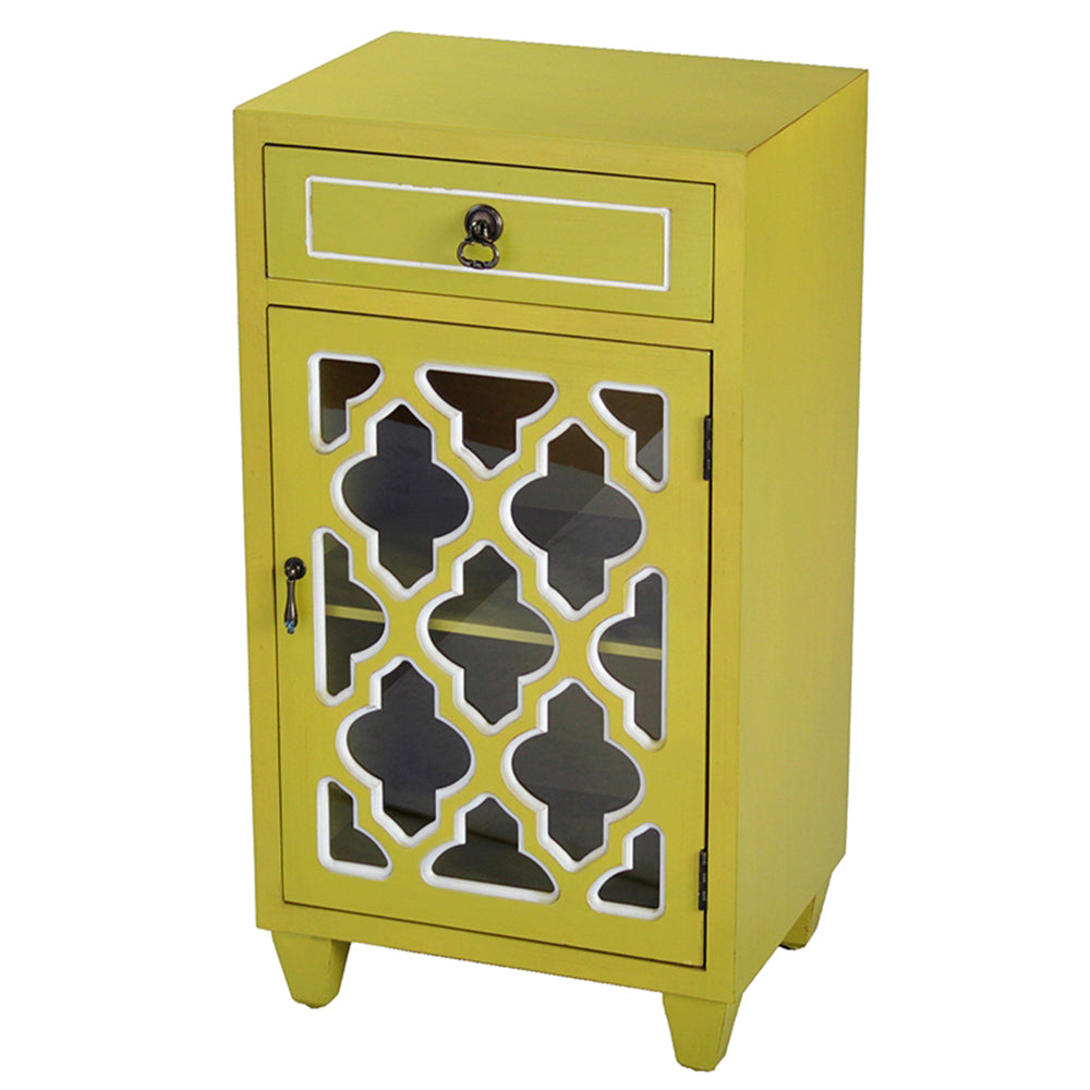 Yellow Wood Clear Glass Accent Cabinet with a Drawer, a Door & Arabesque Inserts