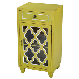 Yellow Wood Clear Glass Accent Cabinet with a Drawer, a Door & Arabesque Inserts