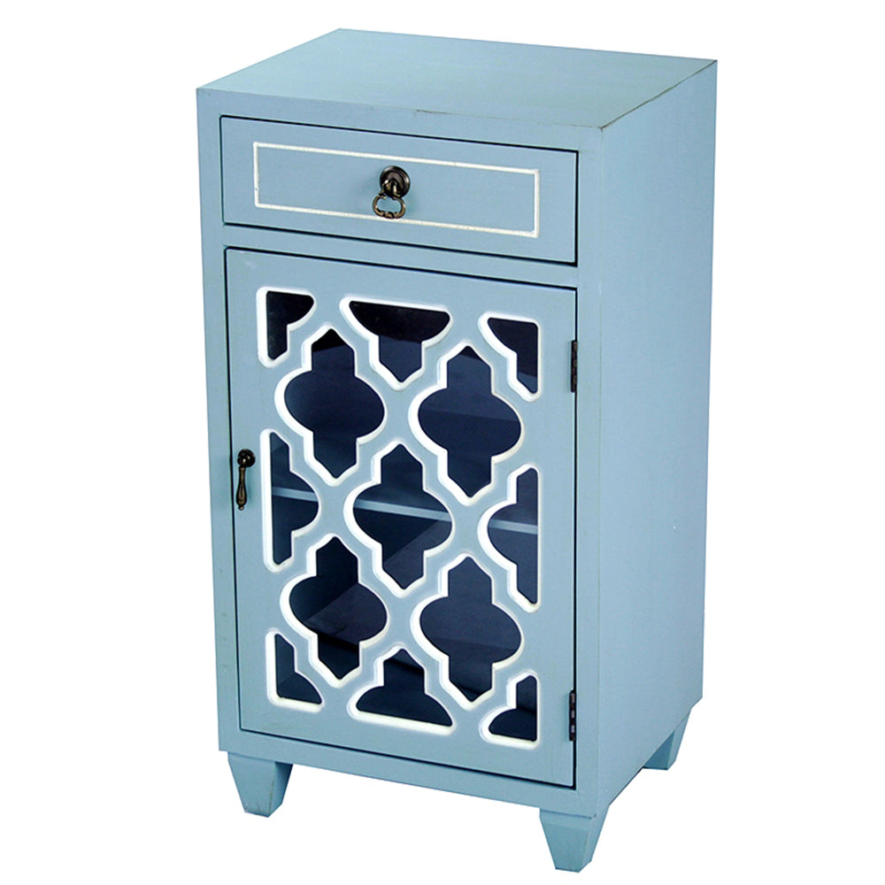 30.75" Light Blue Wood Clear Glass Accent Cabinet with a Drawer and a Door