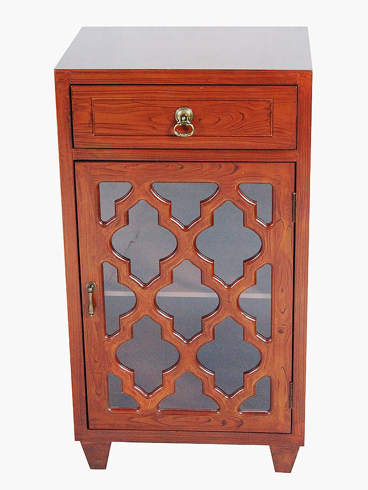 30.75" Mahogany Veneer Wood Clear Glass Accent Cabinet with a Drawer and a Door