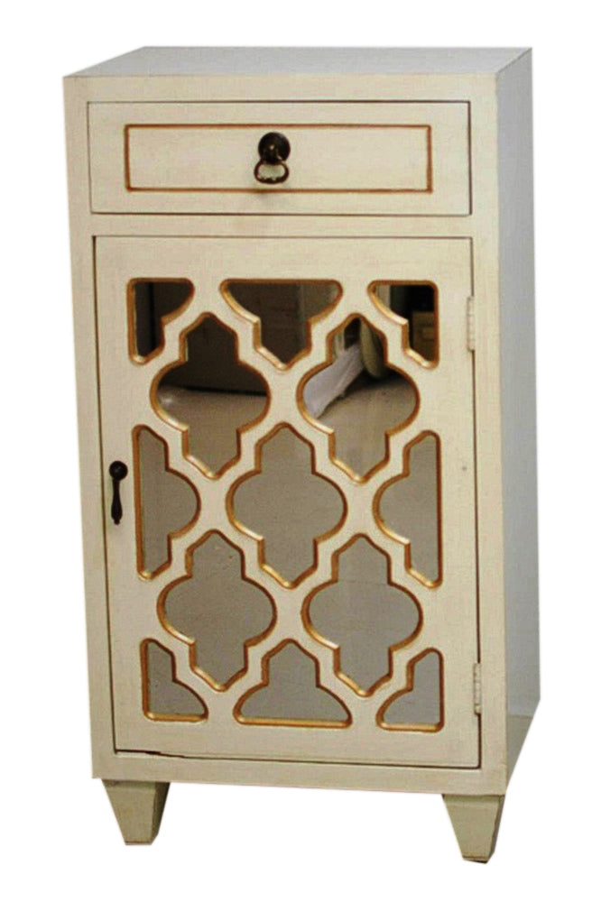 Antique White Wood Mirrored Glass Accent Cabinet with a Drawer and Gold Door