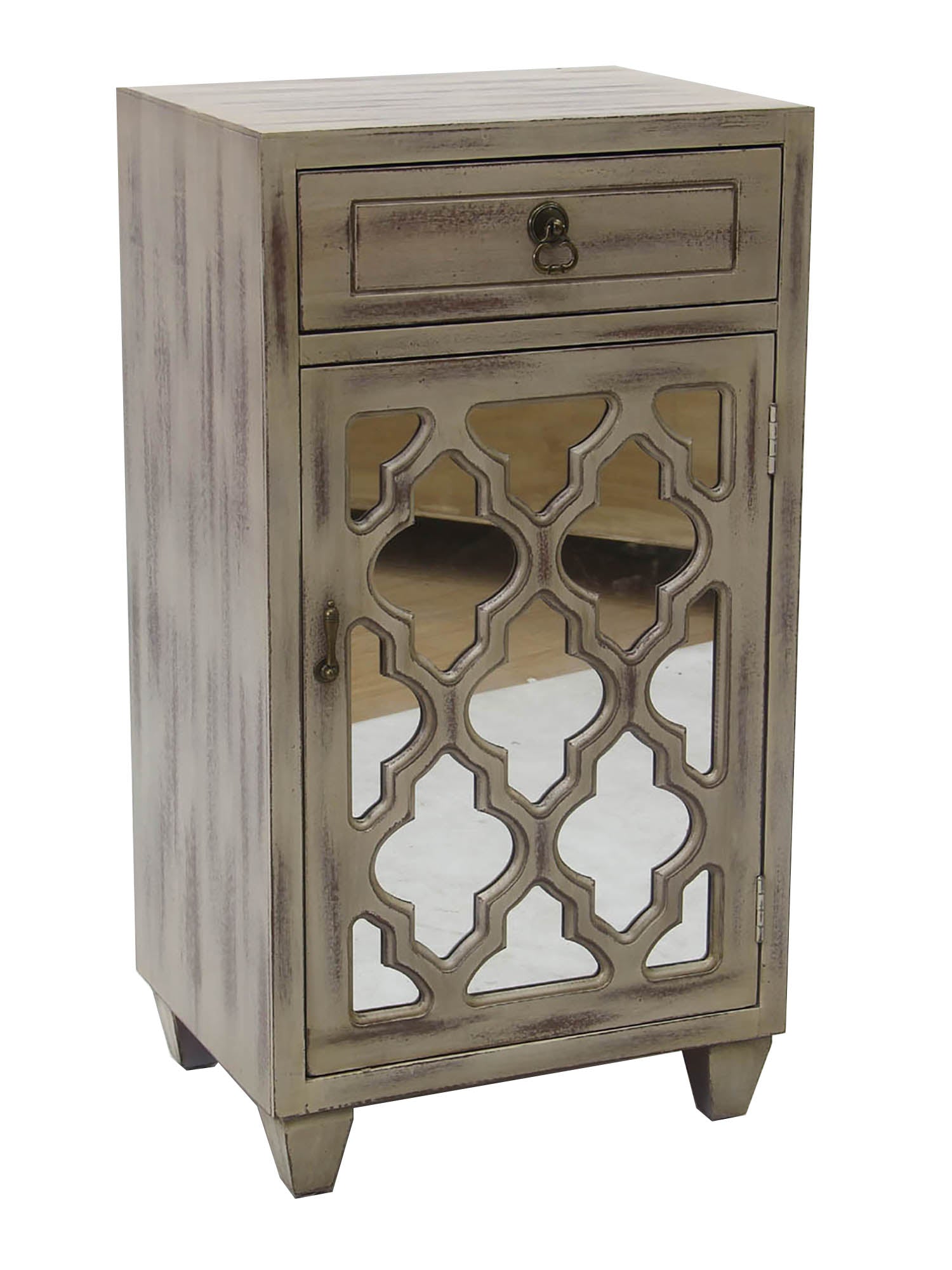 30.75" Taupe Wash Wood Mirrored Glass Accent Cabinet with a Drawer and a Door