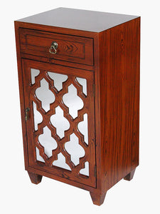 Mahogany Veneer Wood Mirrored Glass Accent Cabinet with a Drawer and a Door