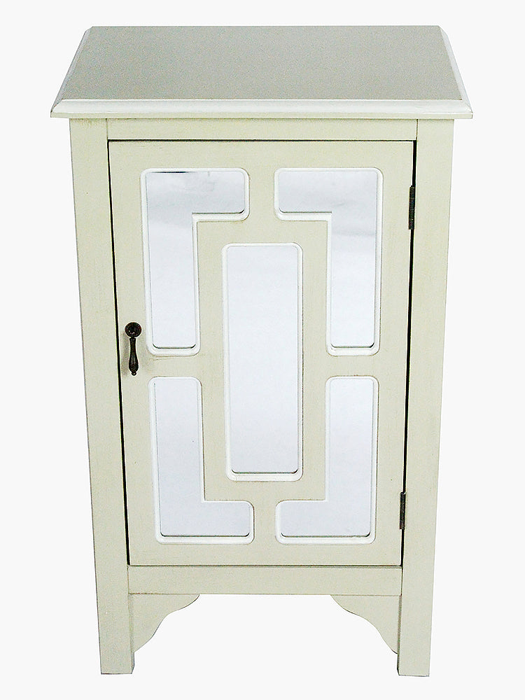 30" Beige Wood Mirrored Glass Accent Cabinet with a Door and Mirror Inserts