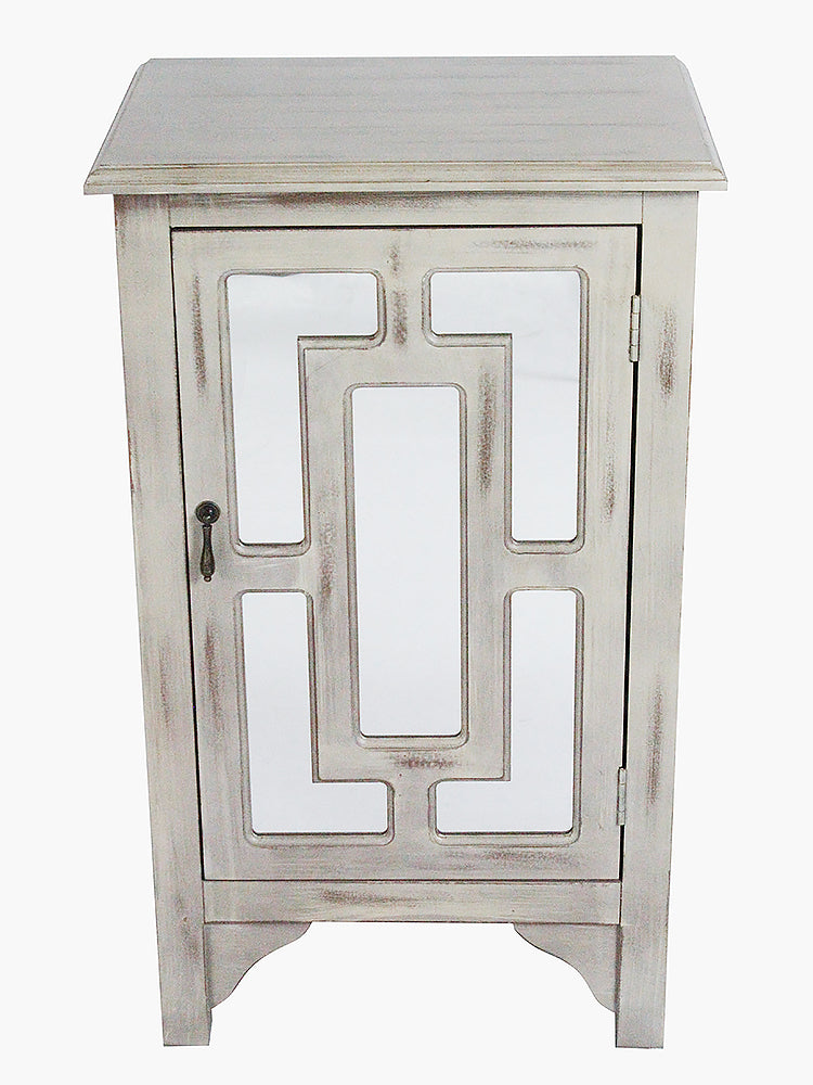 30" Taupe Wash Wood Mirrored Glass Accent Cabinet with a Door and Mirror Inserts